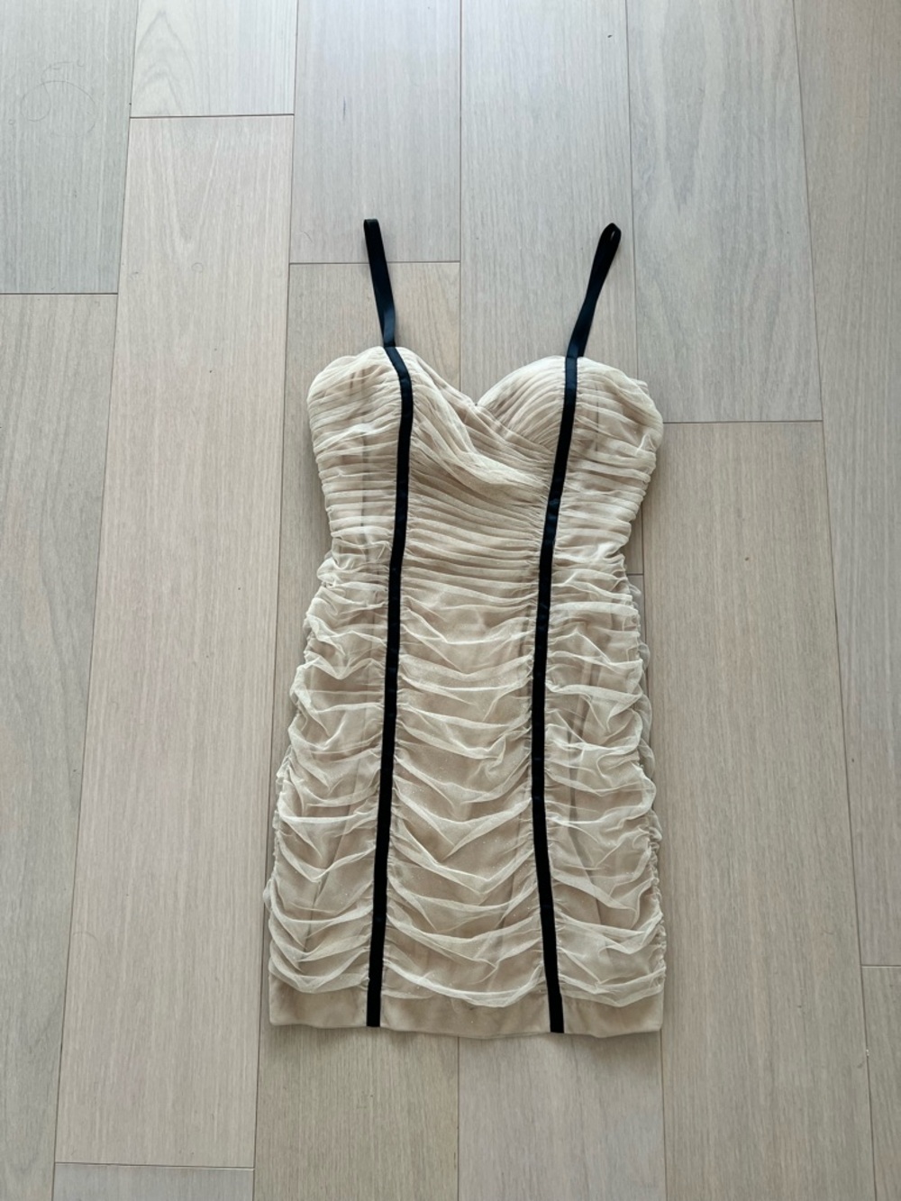 Arden B Beige Ruched Spaghetti-Strap Bodycon Dress with Black Trim Small